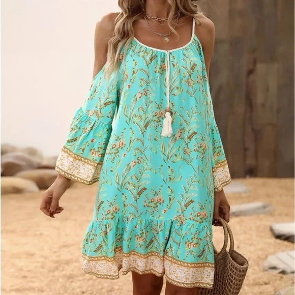Boho Floral Print Cold Shoulder Flare Sleeve Tassel Tie Dress - Picture 10 of 16
